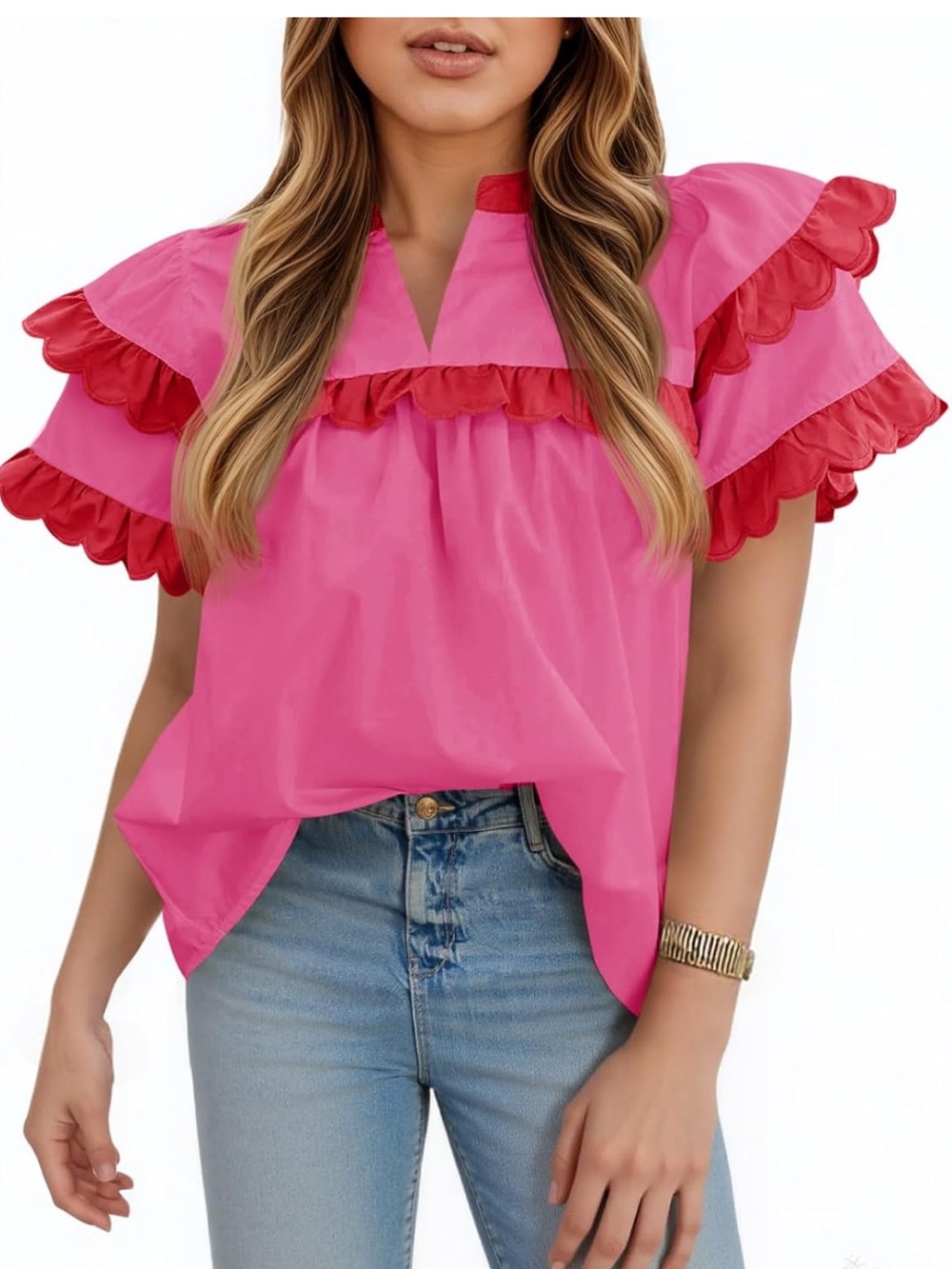 Flutter-Sleeve Pink Blouse with Contrast Ruffle Trim